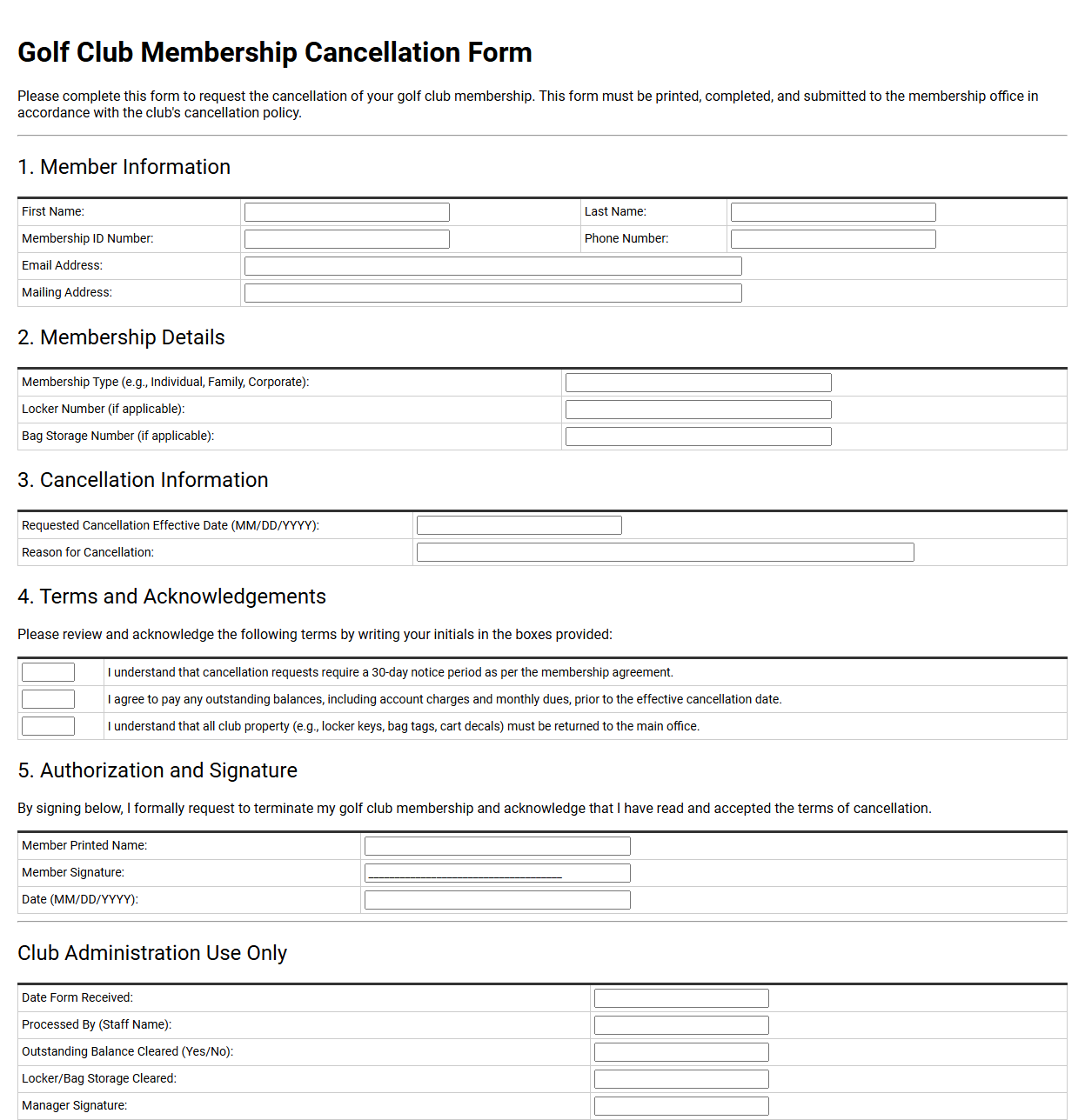 Golf Club Membership Cancellation Form Template