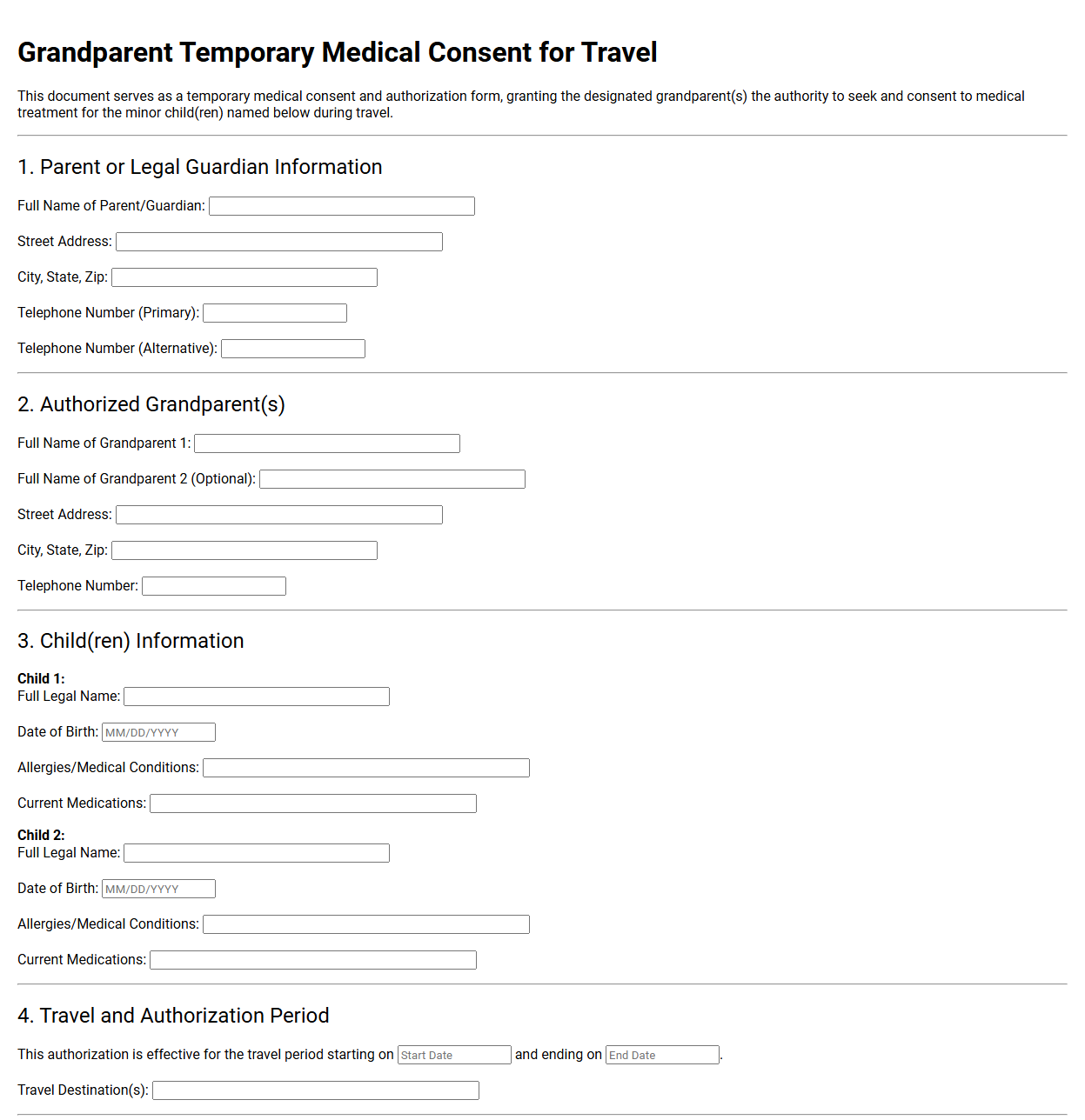 Grandparent Temporary Medical Consent for Travel