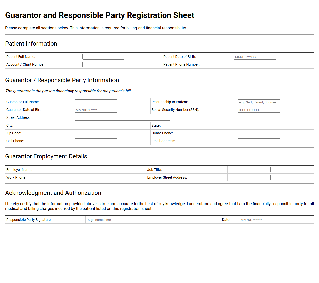 Guarantor and Responsible Party Registration Sheet