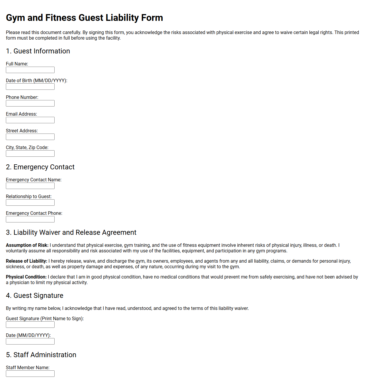 Gym and Fitness Guest Liability Form