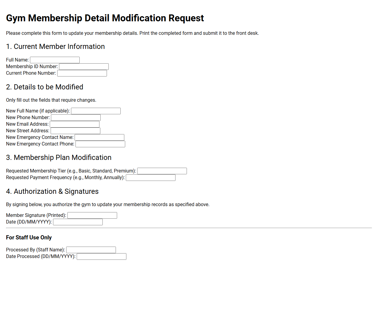 Gym Membership Detail Modification Template