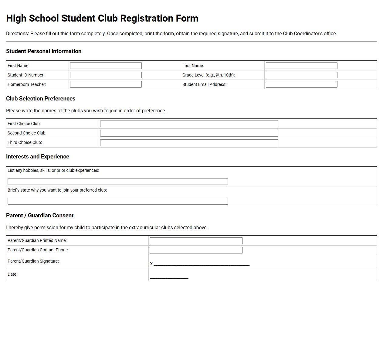 High School Student Club Registration Form