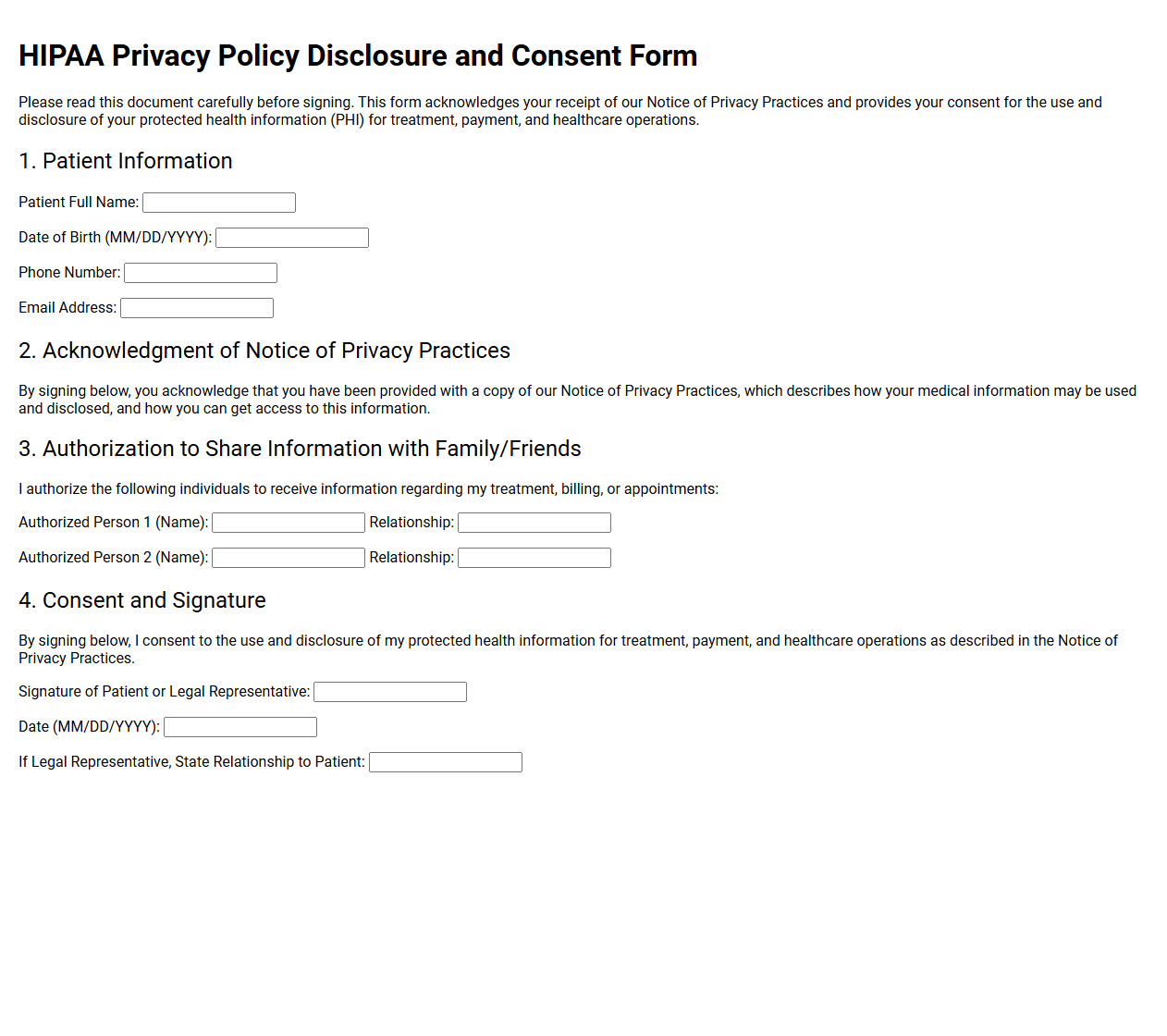 HIPAA Privacy Policy Disclosure and Consent Form