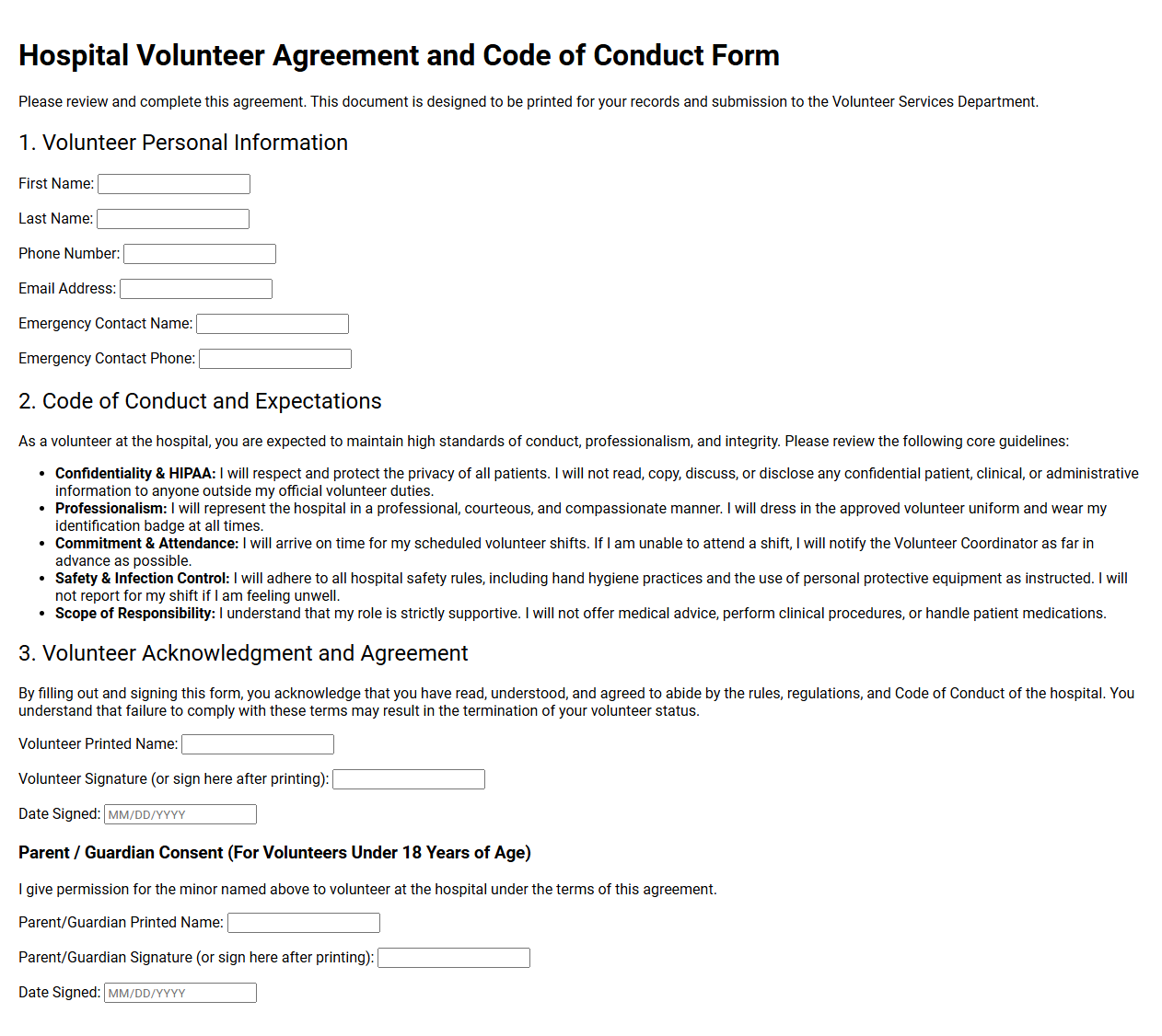 Hospital Volunteer Agreement and Code of Conduct Form