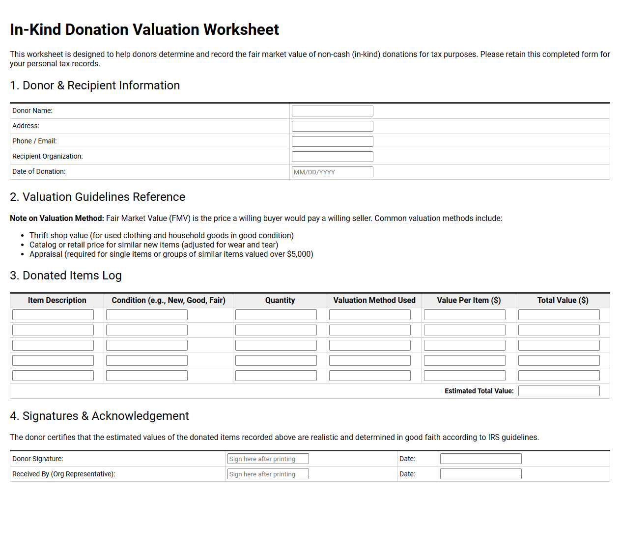 In-Kind Donation Valuation Worksheet for Donors