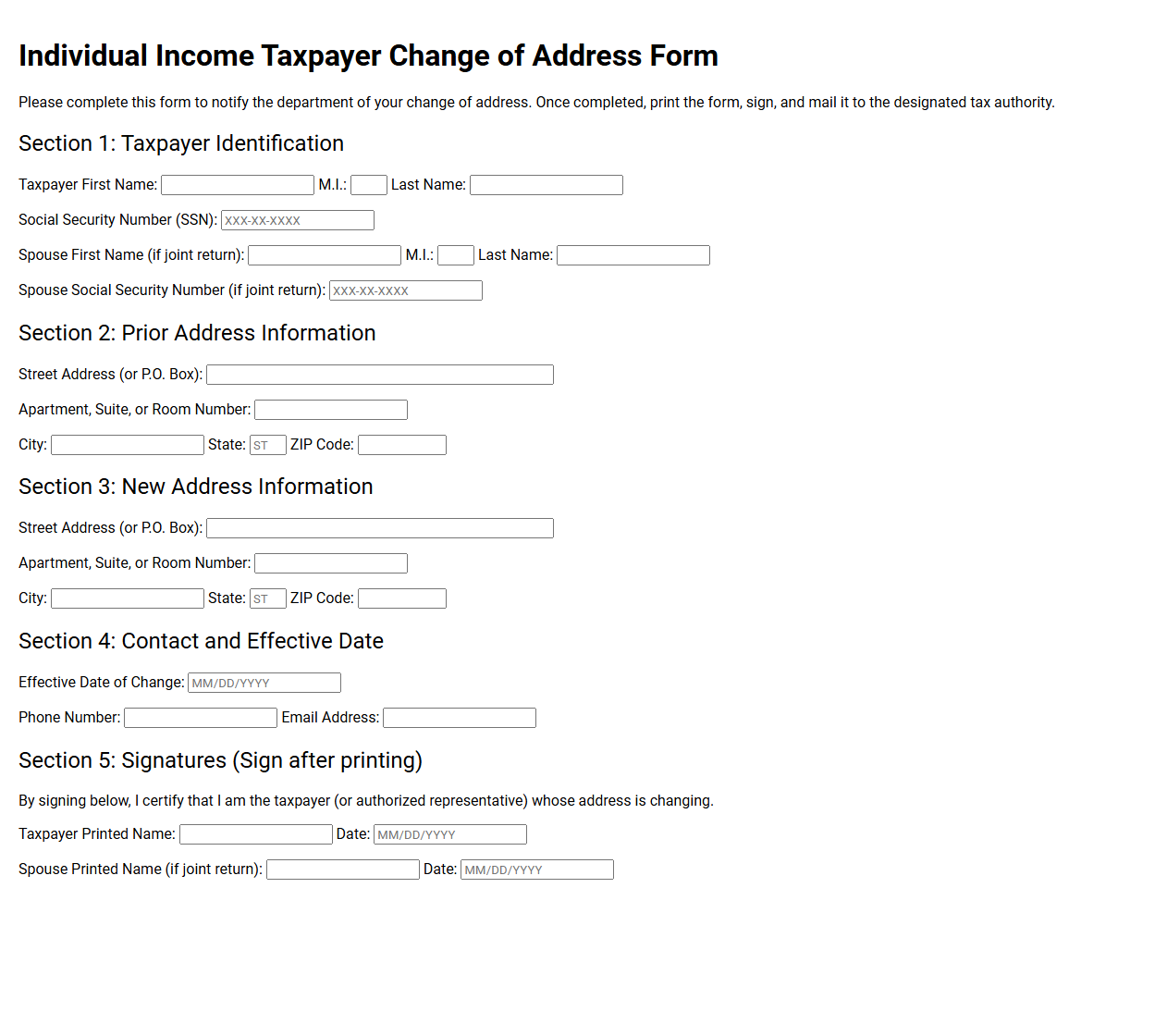 Individual Income Taxpayer Change of Address Form