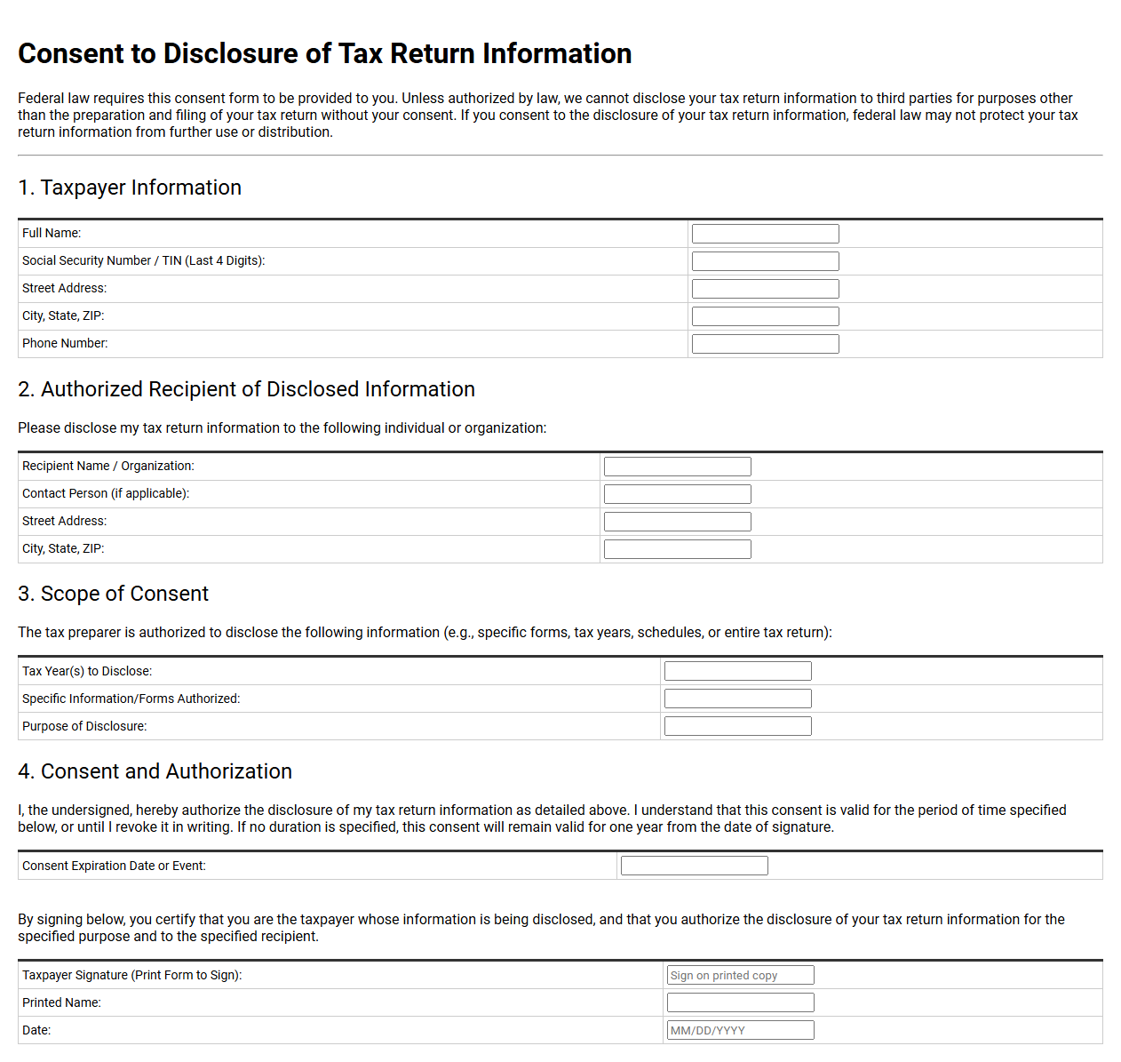 Individual Taxpayer Consent to Disclose Form Template