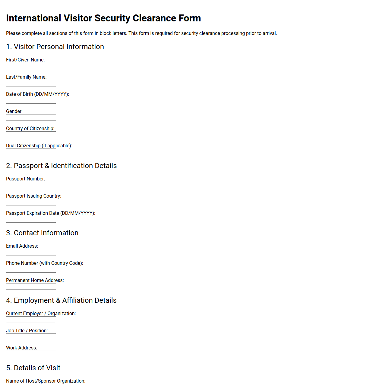 International Visitor Security Clearance Form