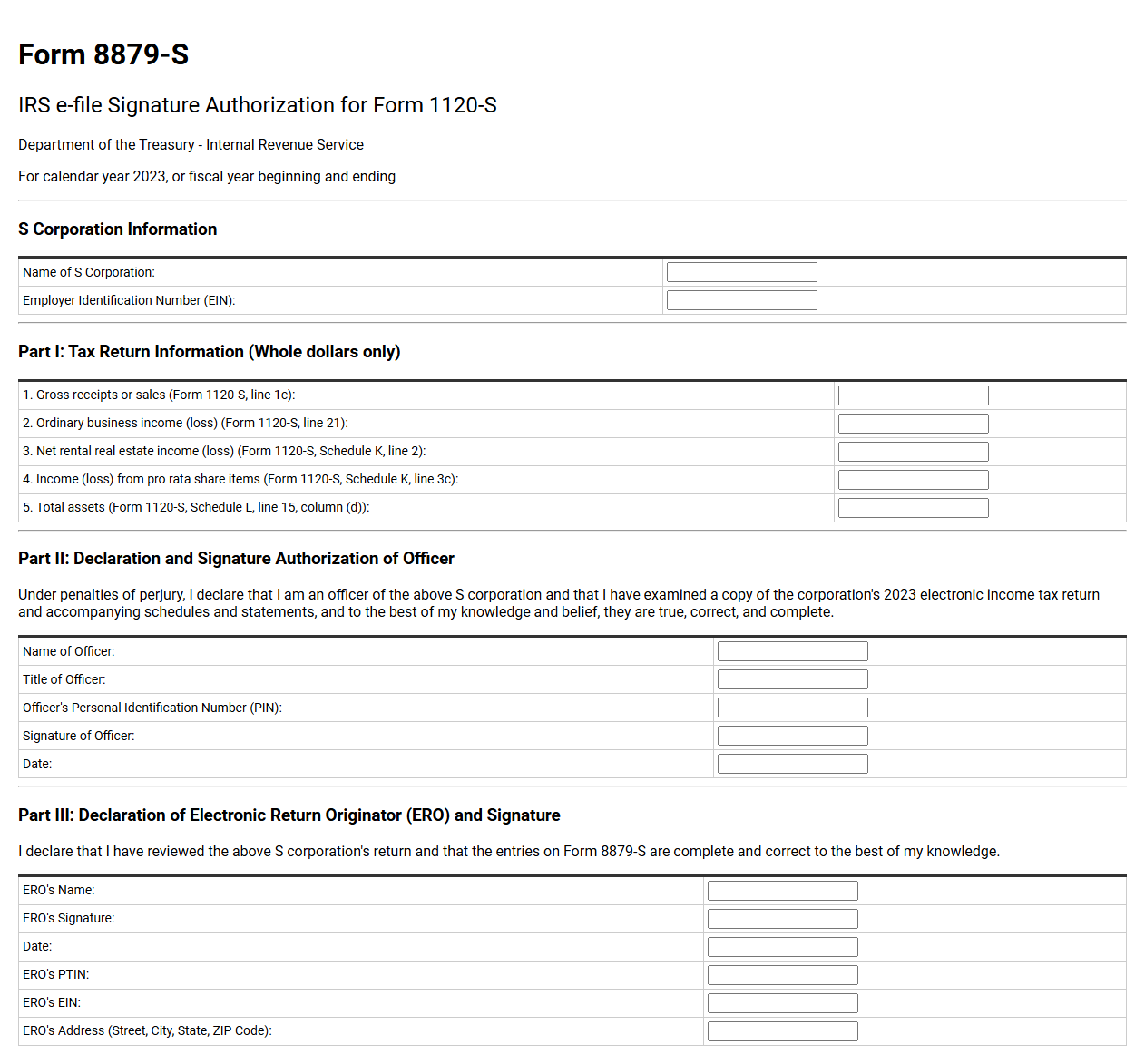 IRS Form 8879-S S Corporation E-File Authorization Template