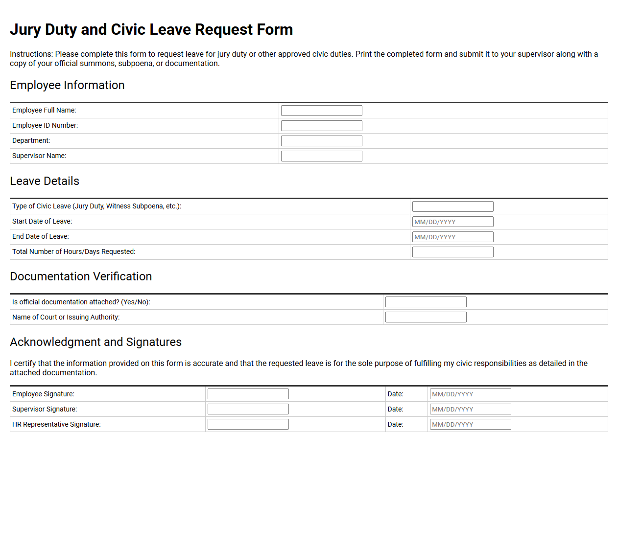 Jury Duty and Civic Leave Request Form Template
