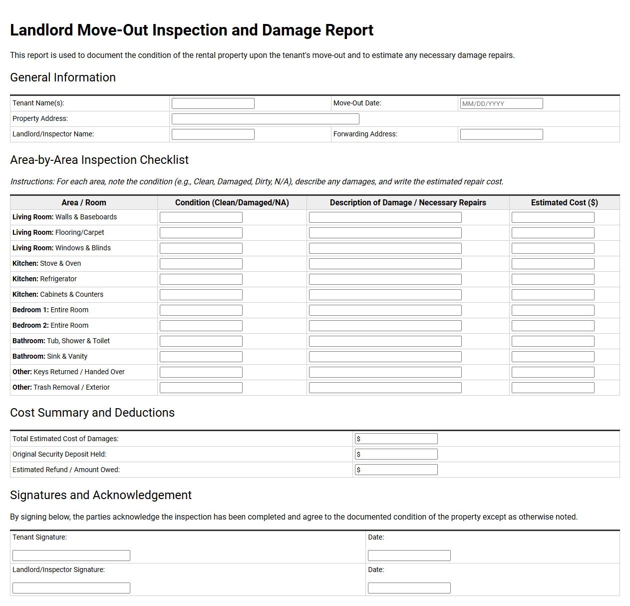 Landlord Move-Out Inspection and Damage Report