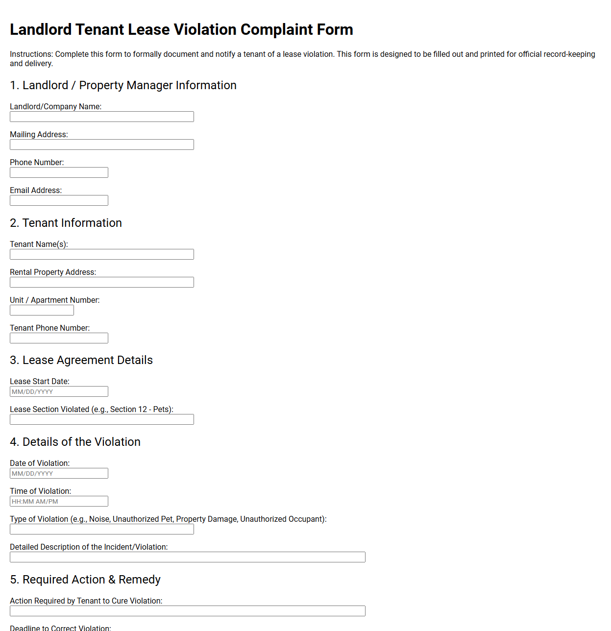Landlord Tenant Lease Violation Complaint Form