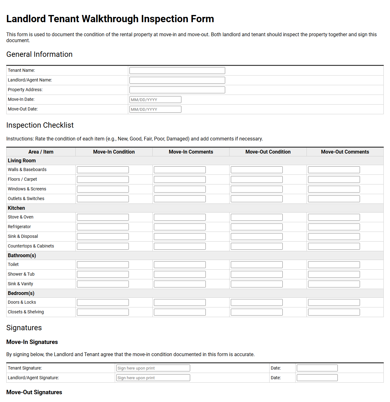 Landlord Tenant Walkthrough Inspection Form