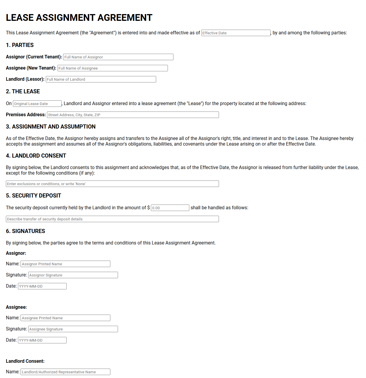 Lease Assignment Agreement Template