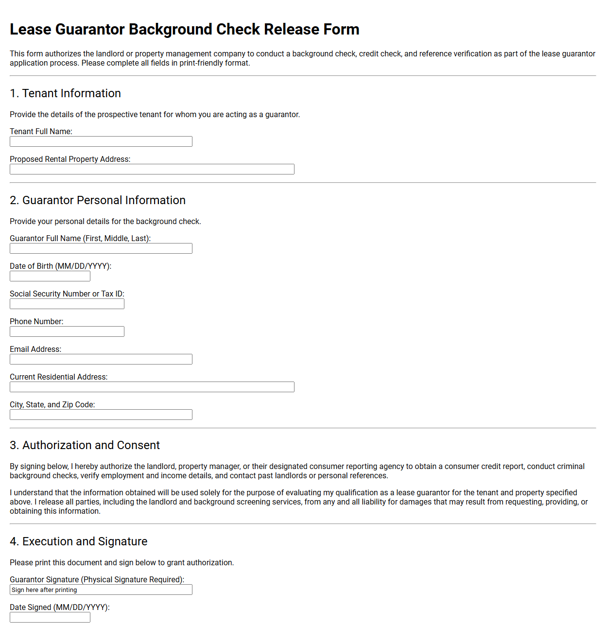 Lease Guarantor Background Check Release Form
