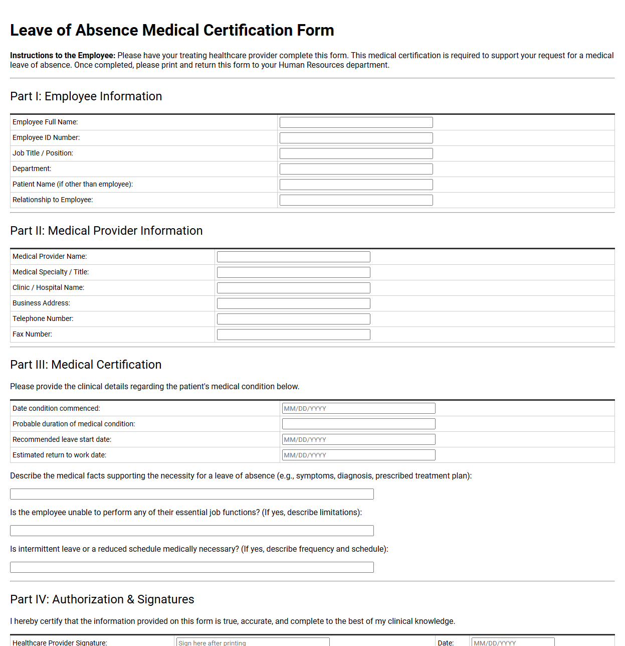 Leave of Absence Medical Certification Form