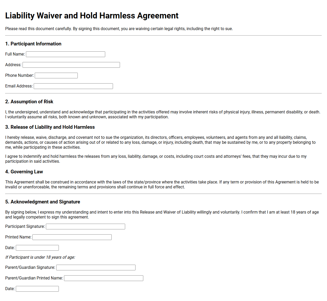 Liability Waiver and Hold Harmless Agreement