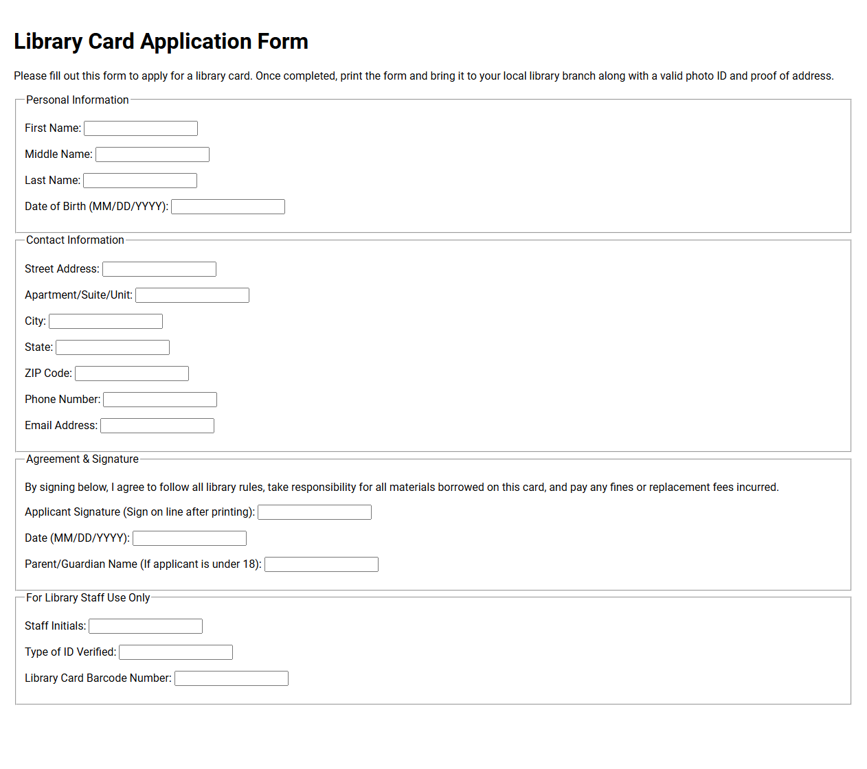 Library Card Application Form
