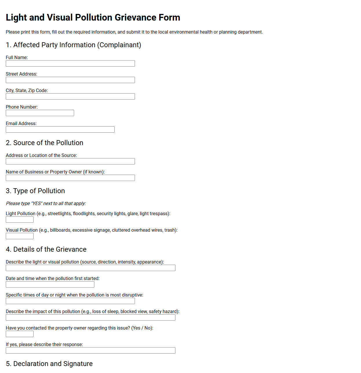 Light and Visual Pollution Grievance Form