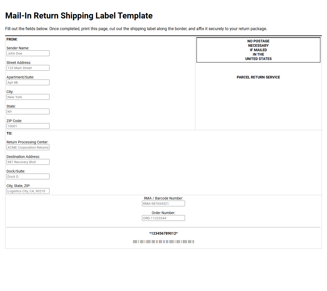 Mail-In Return Shipping Label Template