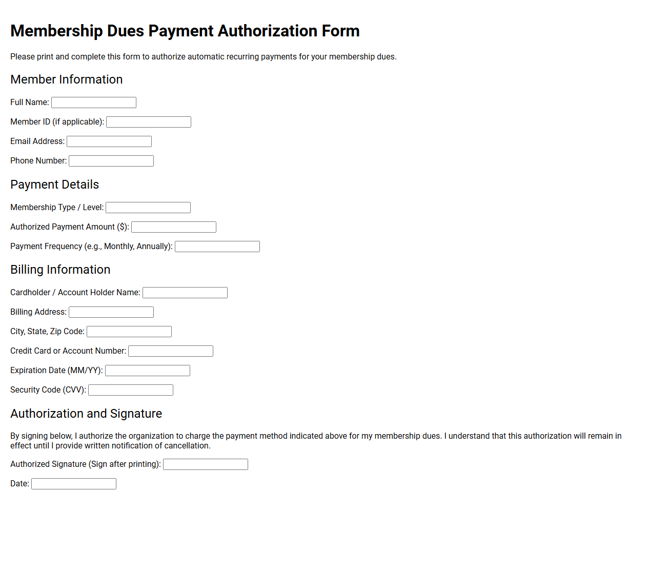 Membership Dues Payment Authorization Form