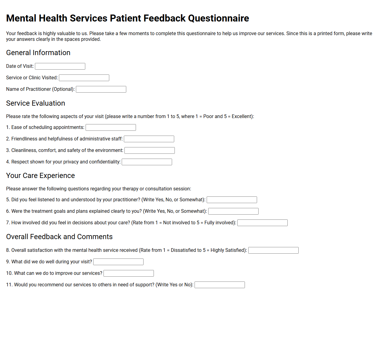 Mental Health Services Patient Feedback Questionnaire