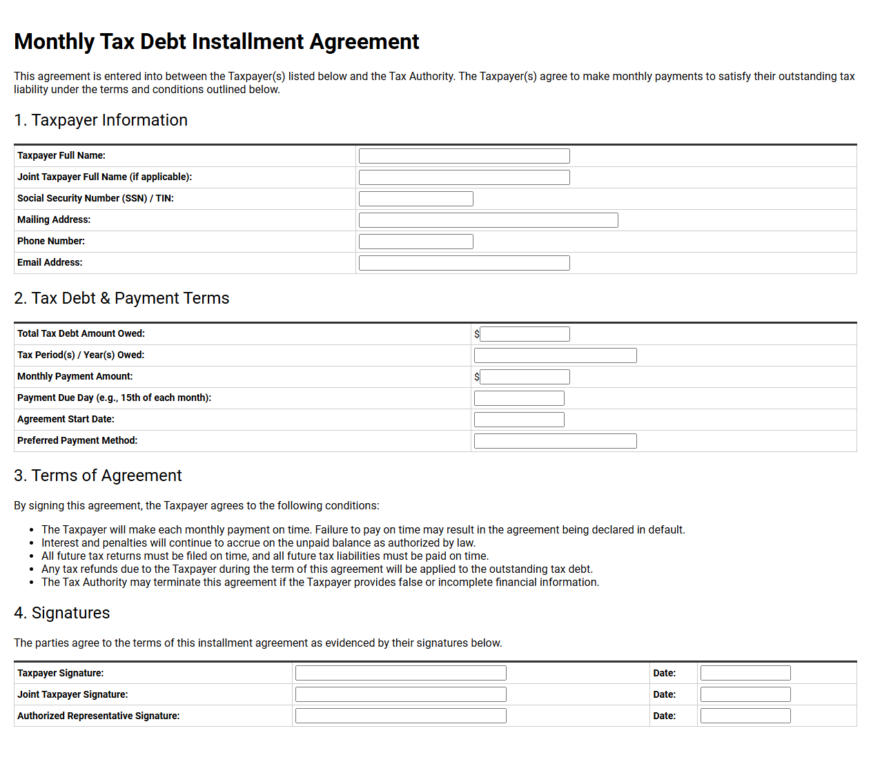 Monthly Tax Debt Installment Agreement Template