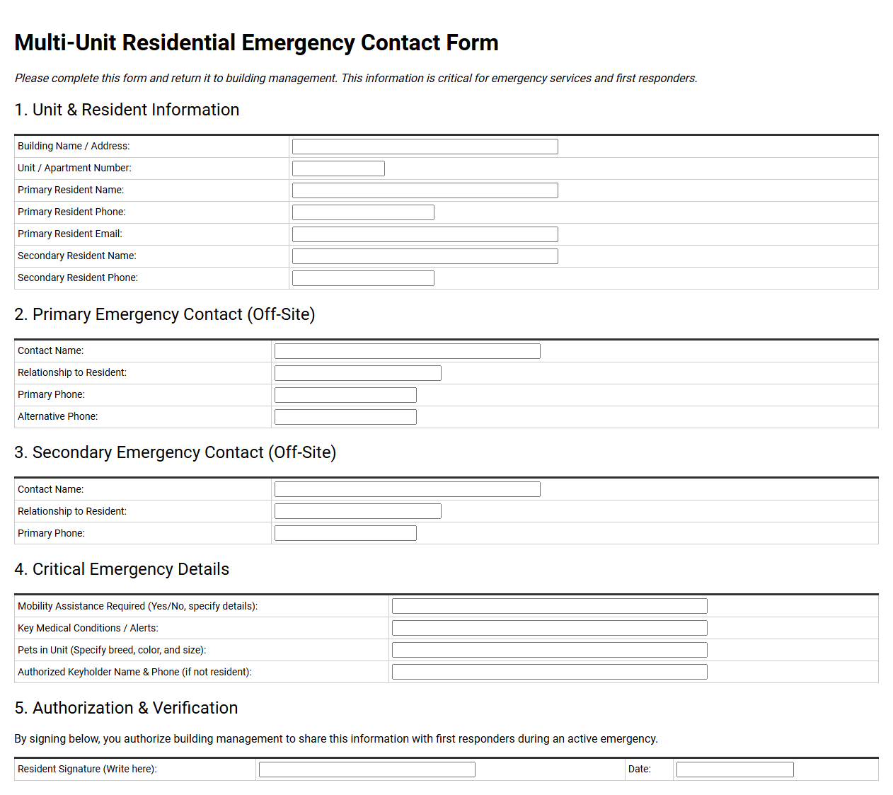 Multi-Unit Residential Emergency Contact Form