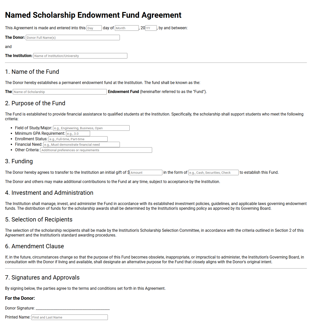 Named Scholarship Endowment Fund Agreement Template