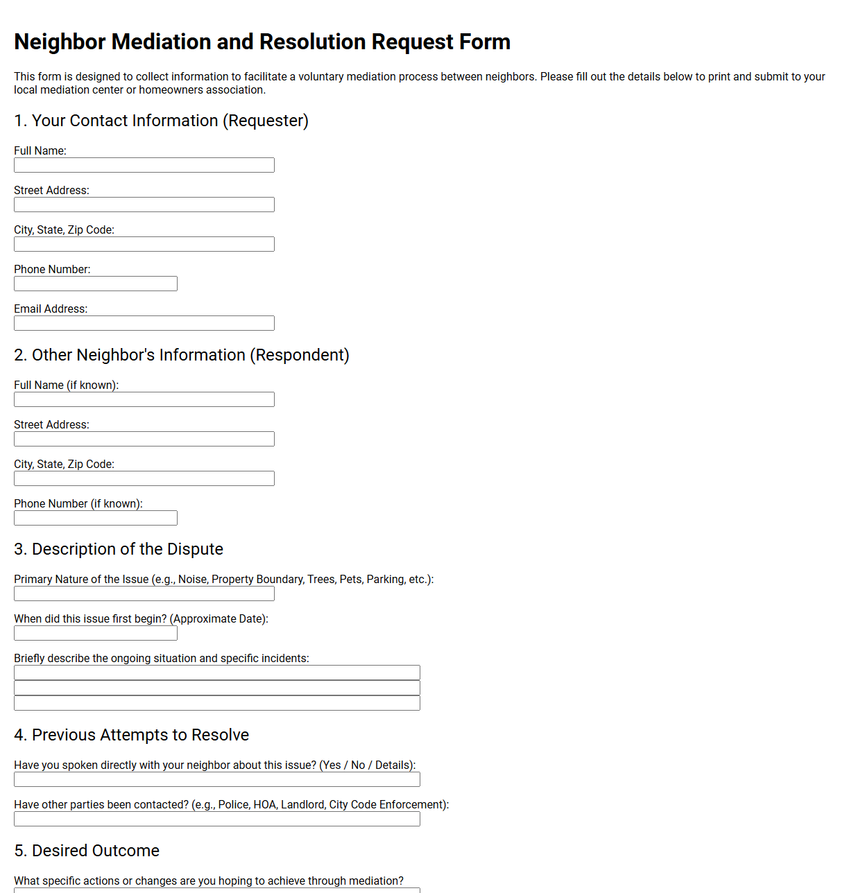 Neighbor Mediation and Resolution Request Form