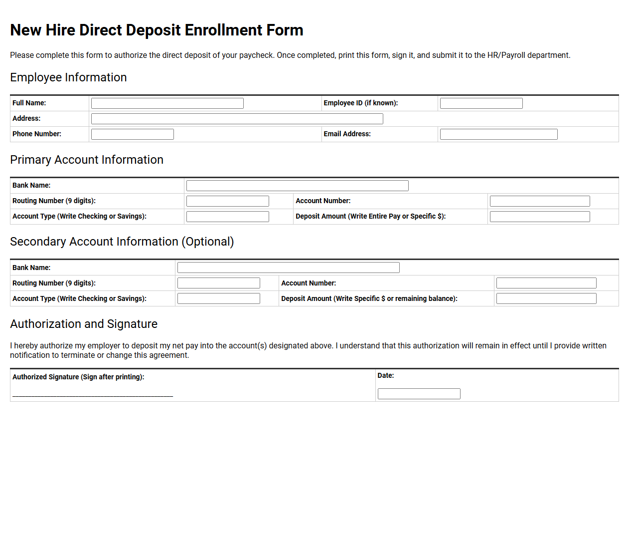 New Hire Direct Deposit Enrollment Form