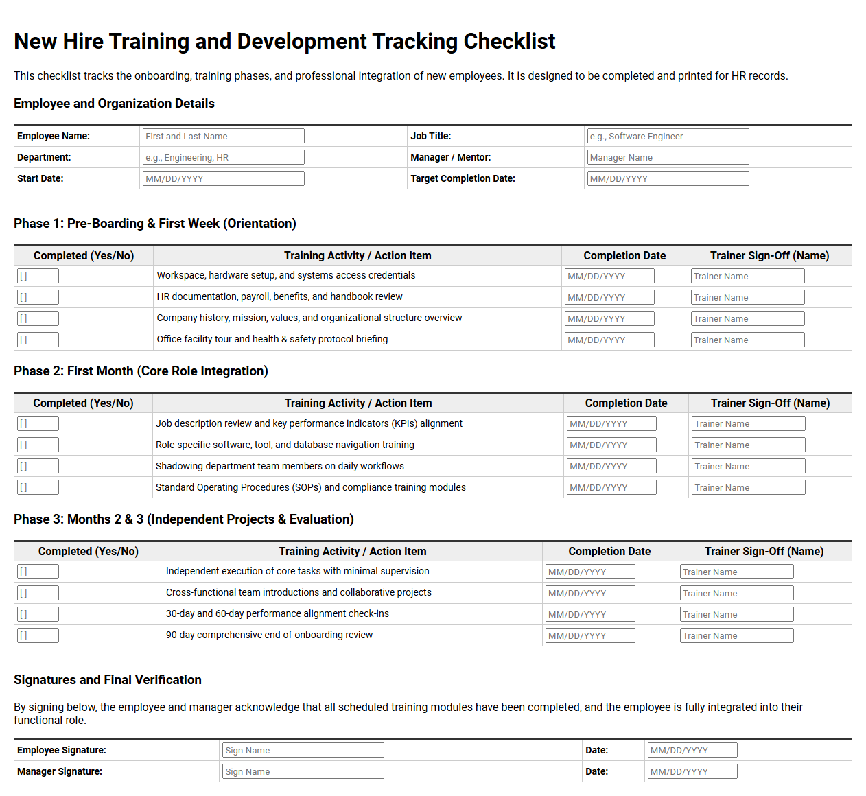 New Hire Training and Development Tracking Checklist