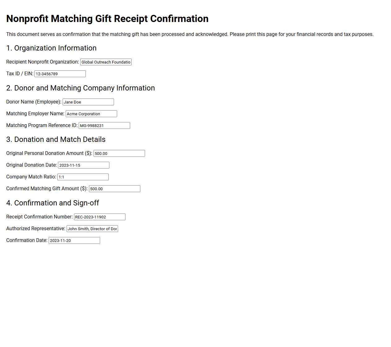 Nonprofit Matching Gift Receipt Confirmation