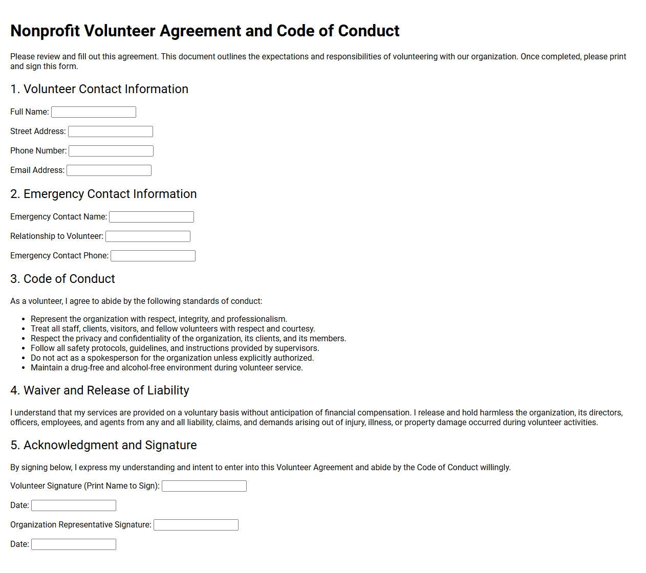 Nonprofit Volunteer Agreement and Code of Conduct Template