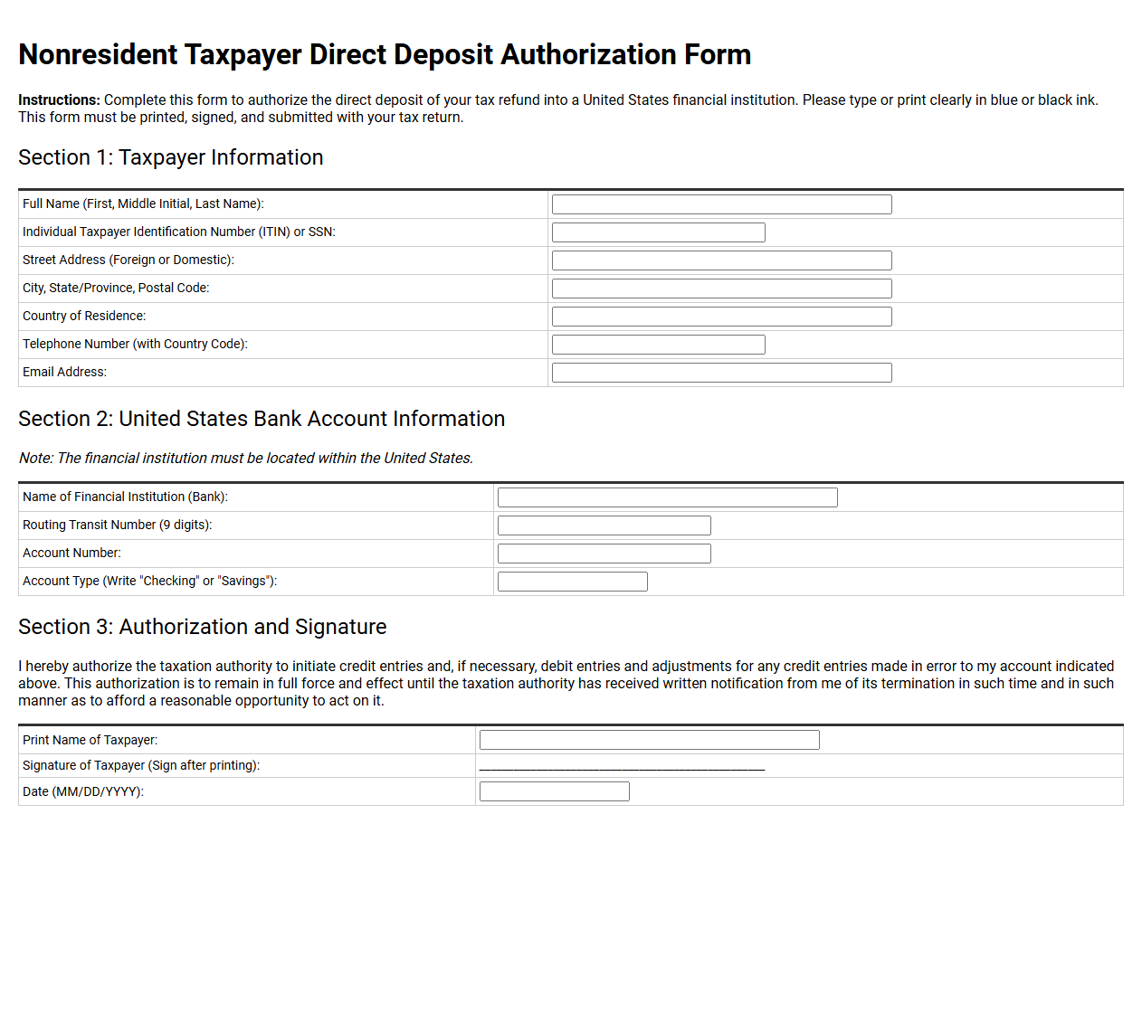 Nonresident Taxpayer Direct Deposit Authorization Form