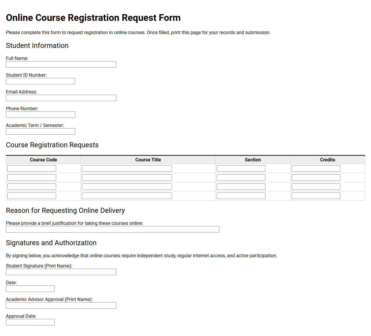 Online Course Registration Request Form