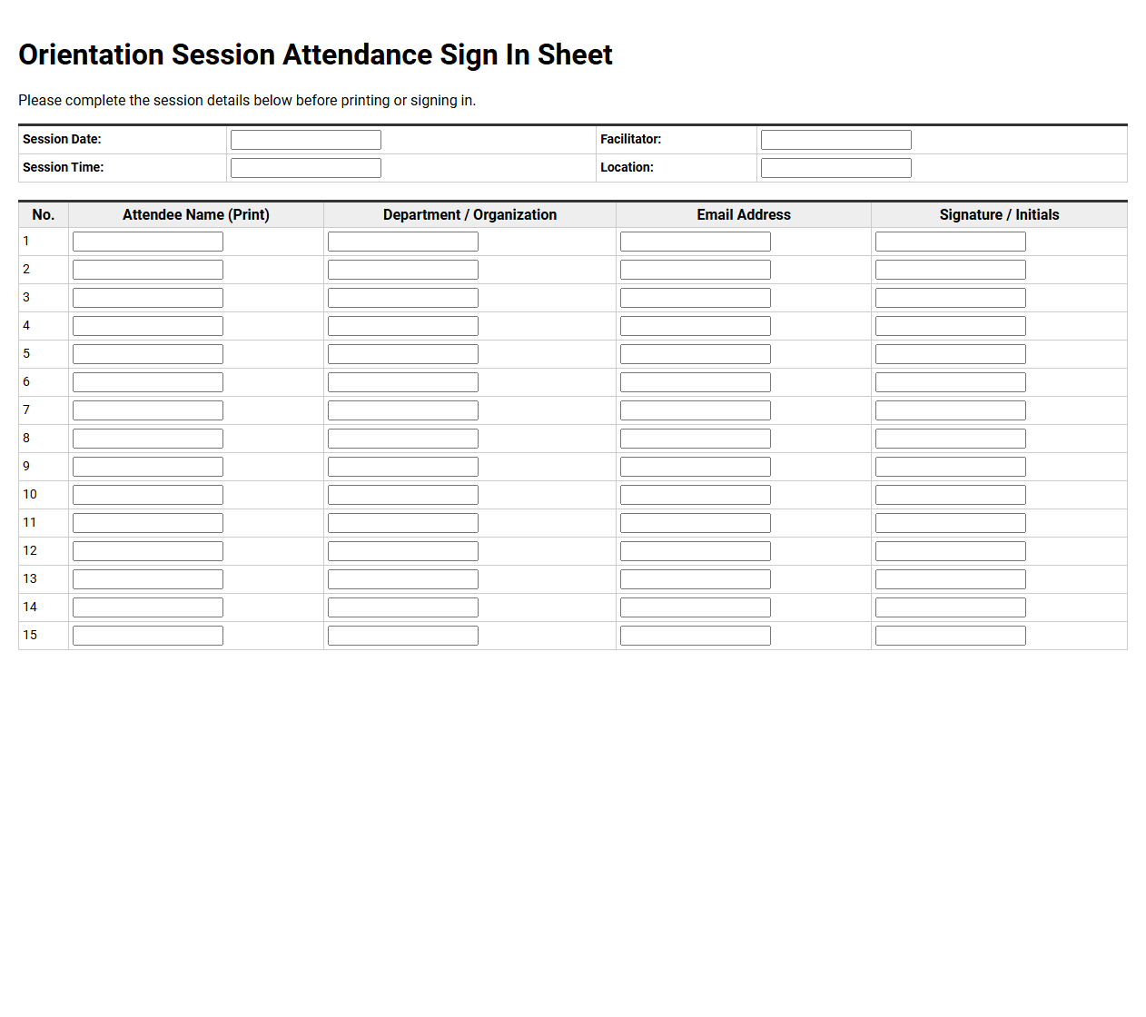 Orientation Session Attendance Sign In Sheet
