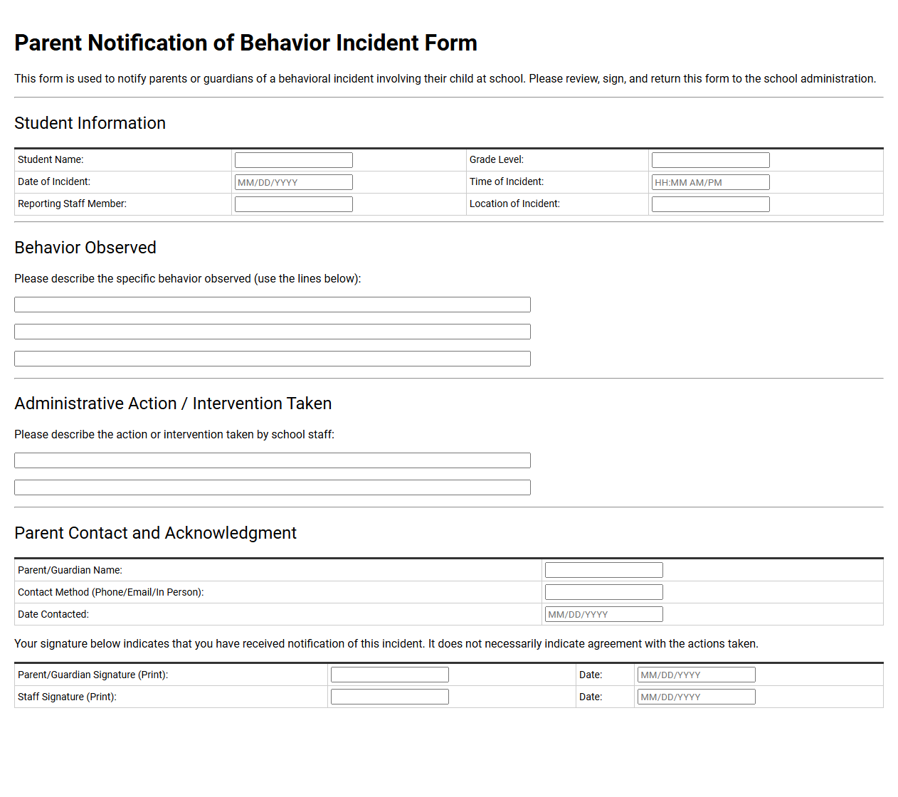 Parent Notification of Behavior Incident Form