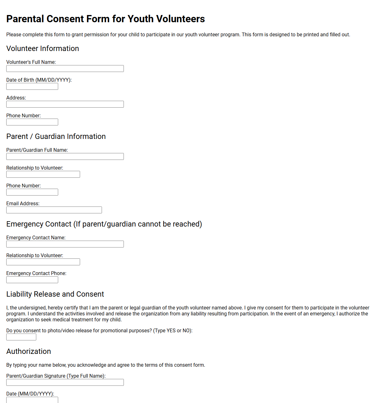 Parental Consent Form for Youth Volunteers