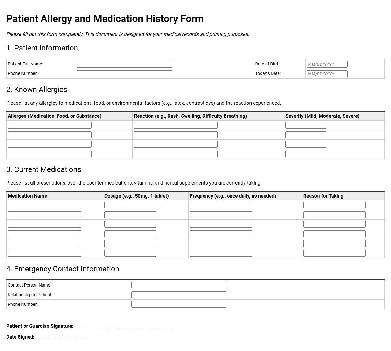 Patient Allergy and Medication History Form