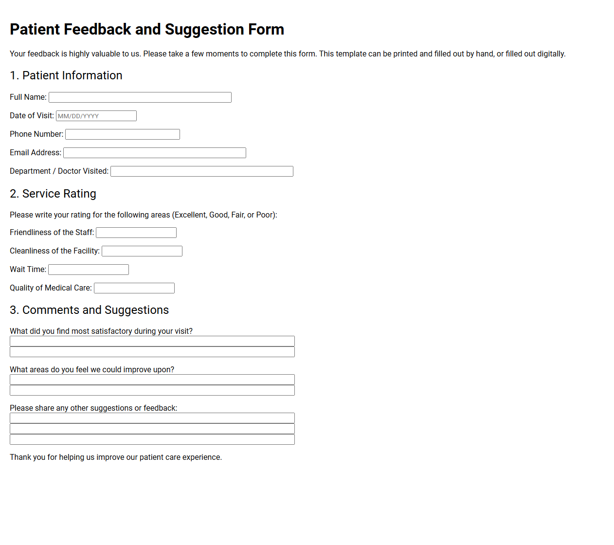 Patient Feedback and Suggestion Form Template