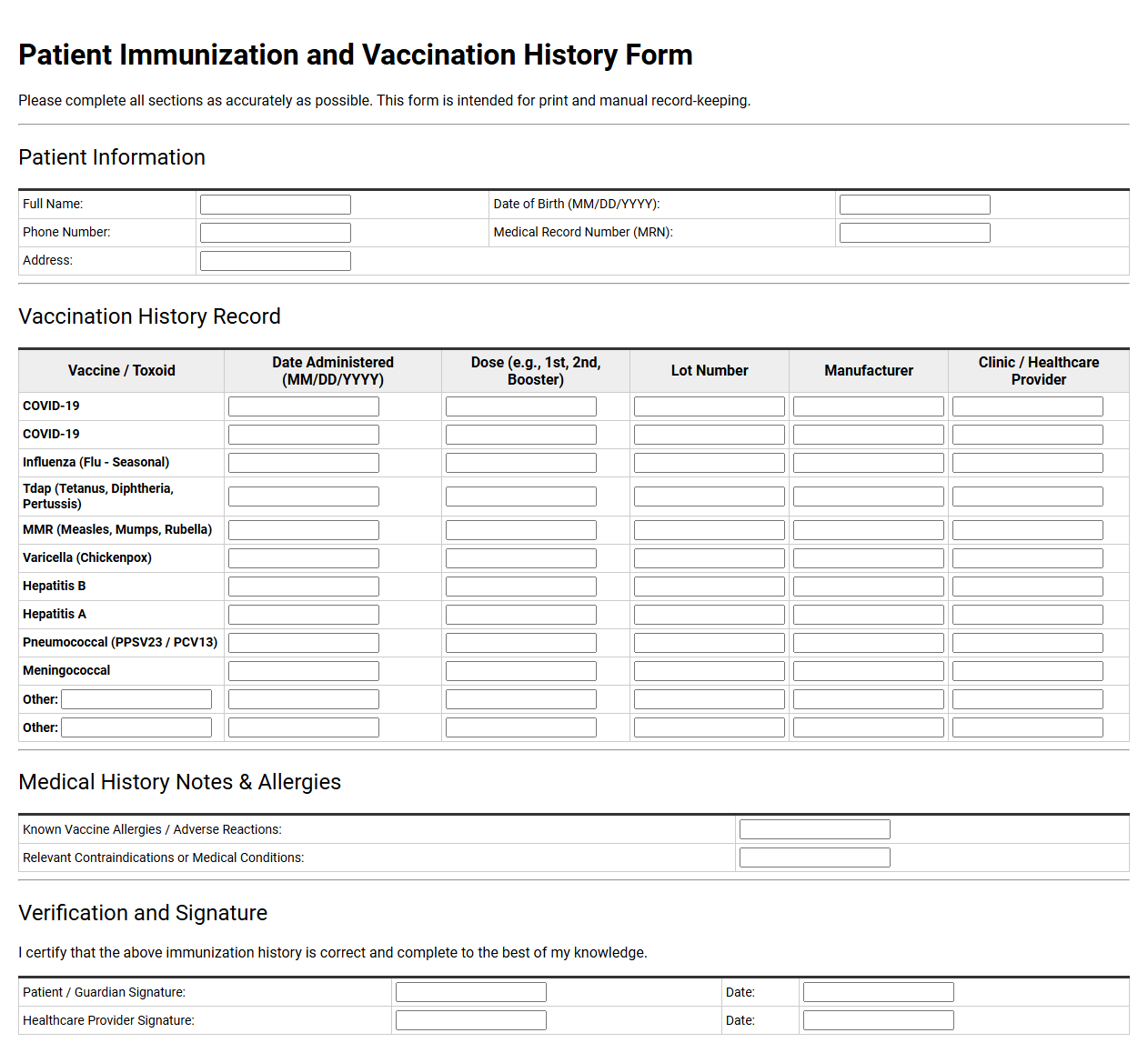 Patient Immunization and Vaccination History Form