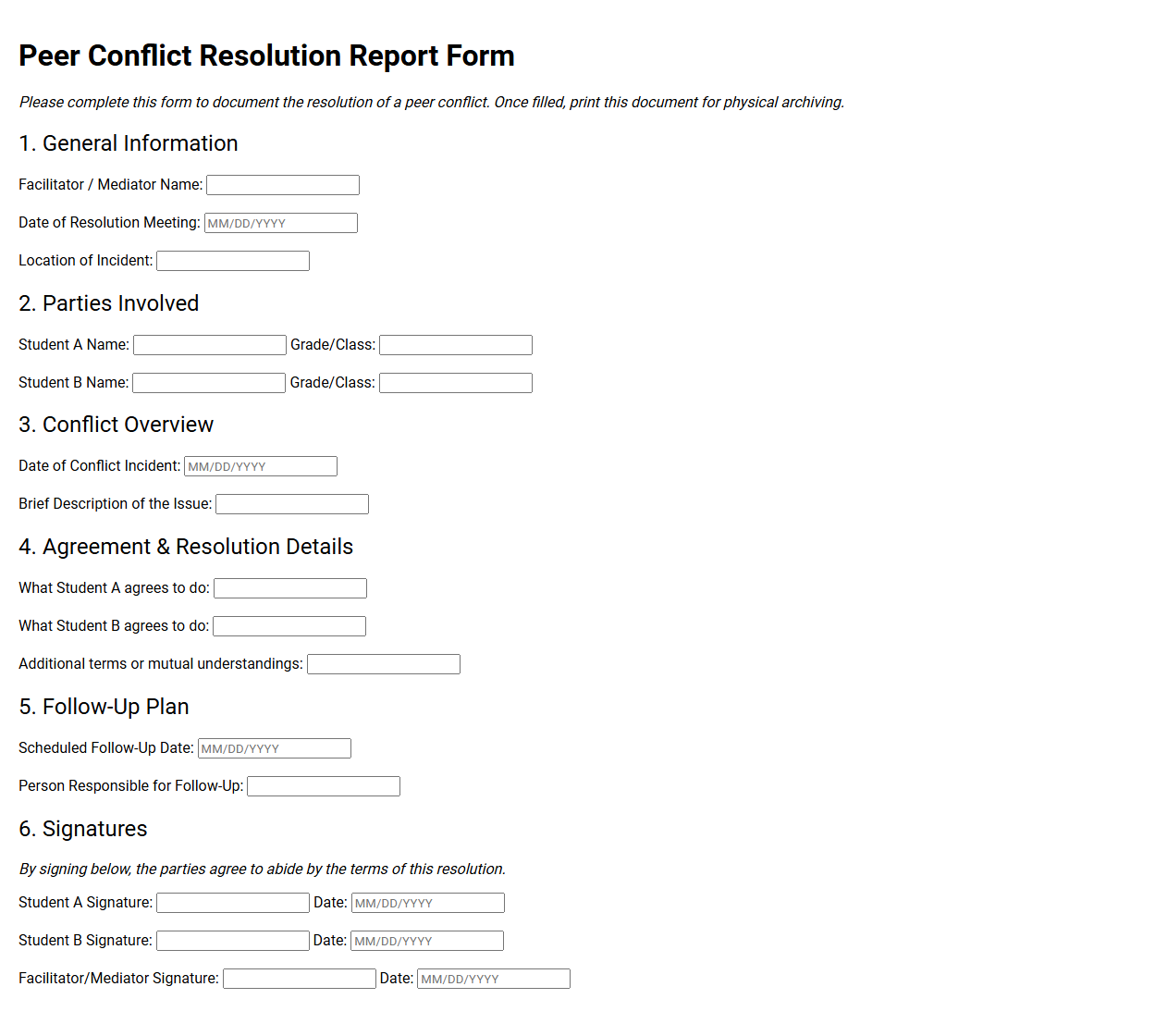 Peer Conflict Resolution Report Form