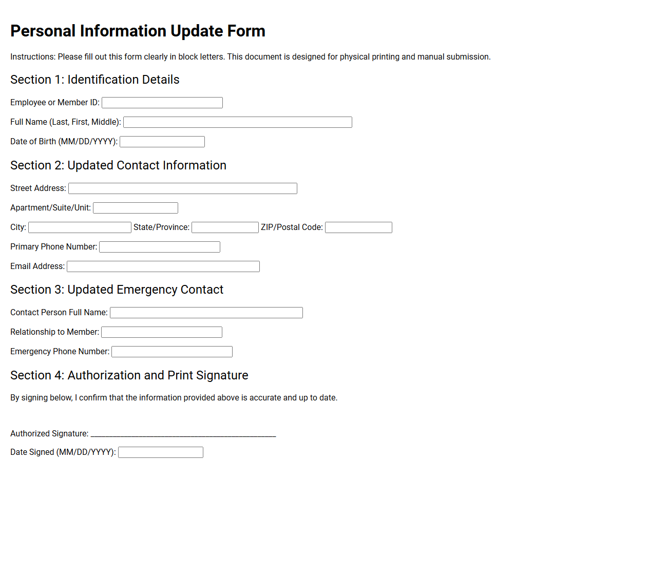 Personal Information Update Form Template