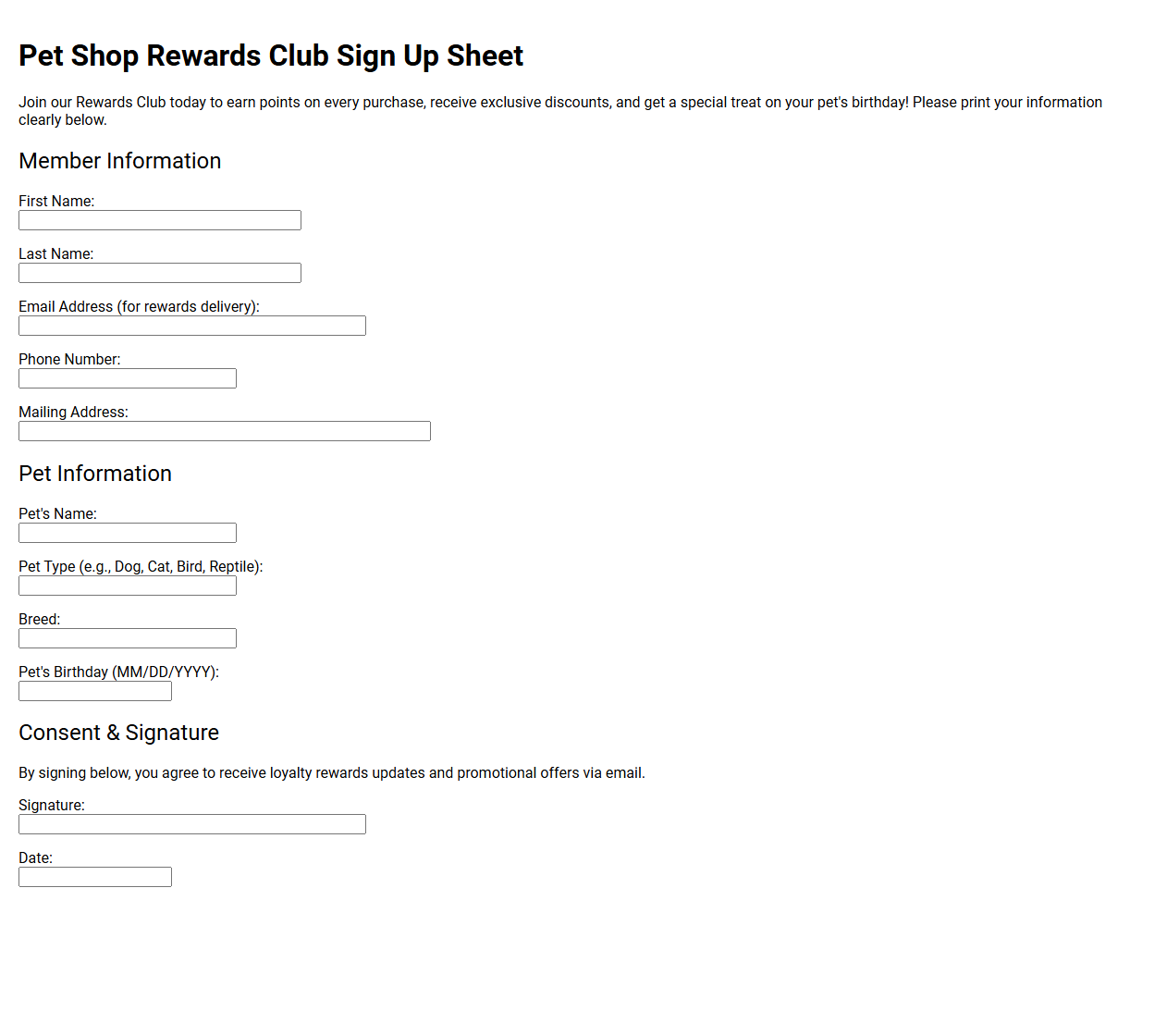 Pet Shop Rewards Club Sign Up Sheet