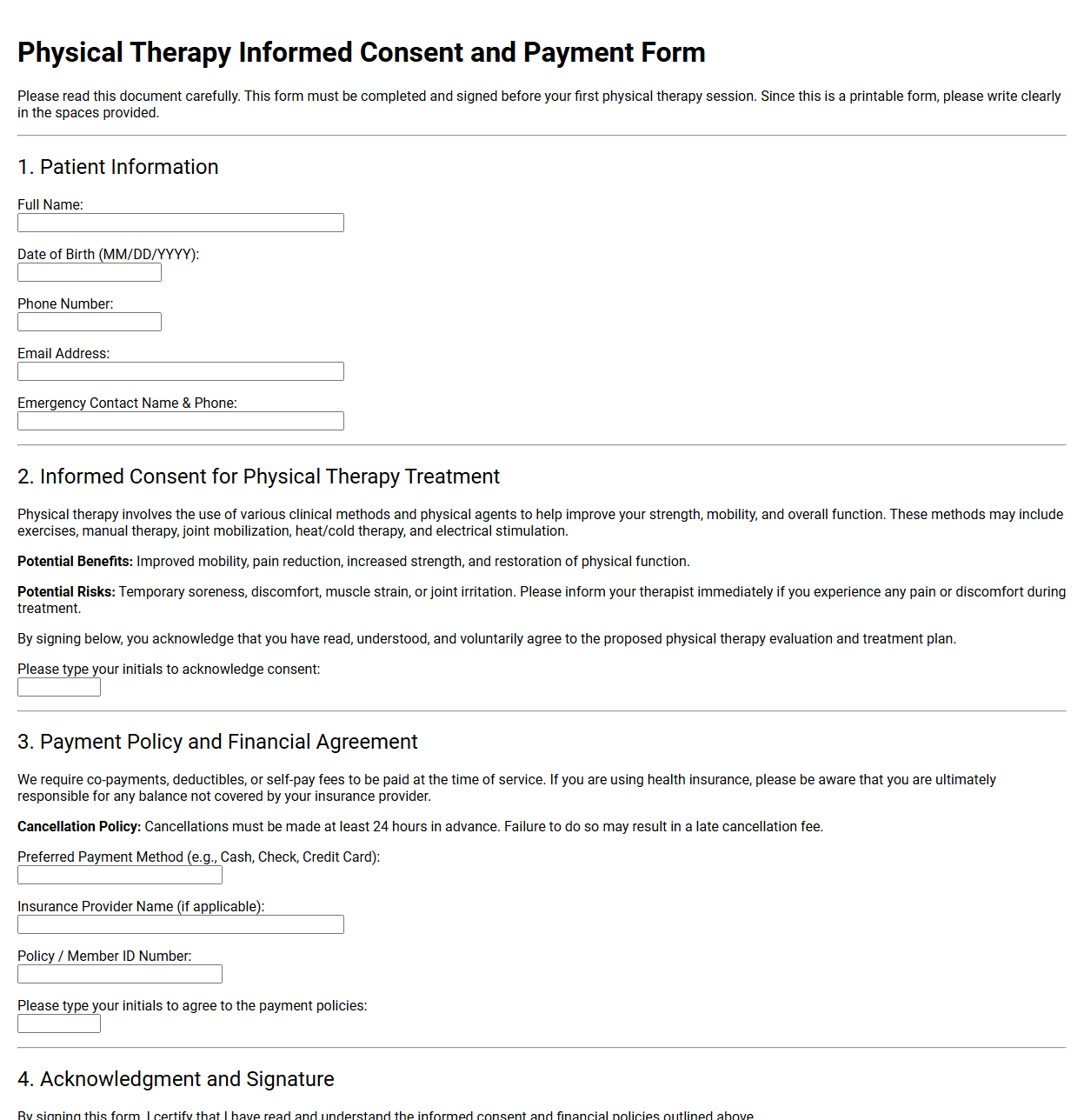 Physical Therapy Informed Consent and Payment Form