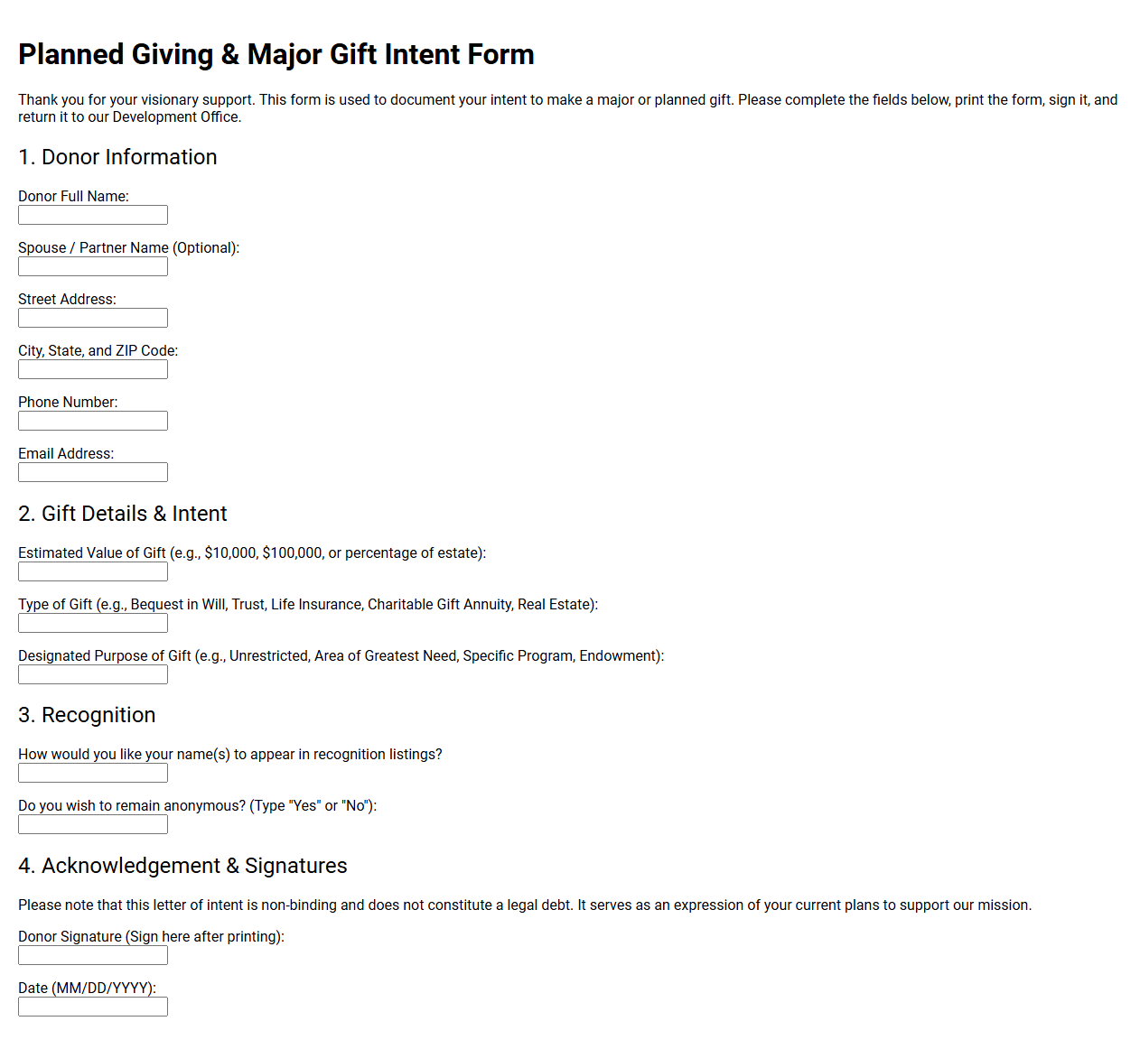 Planned Giving Major Gift Intent Form
