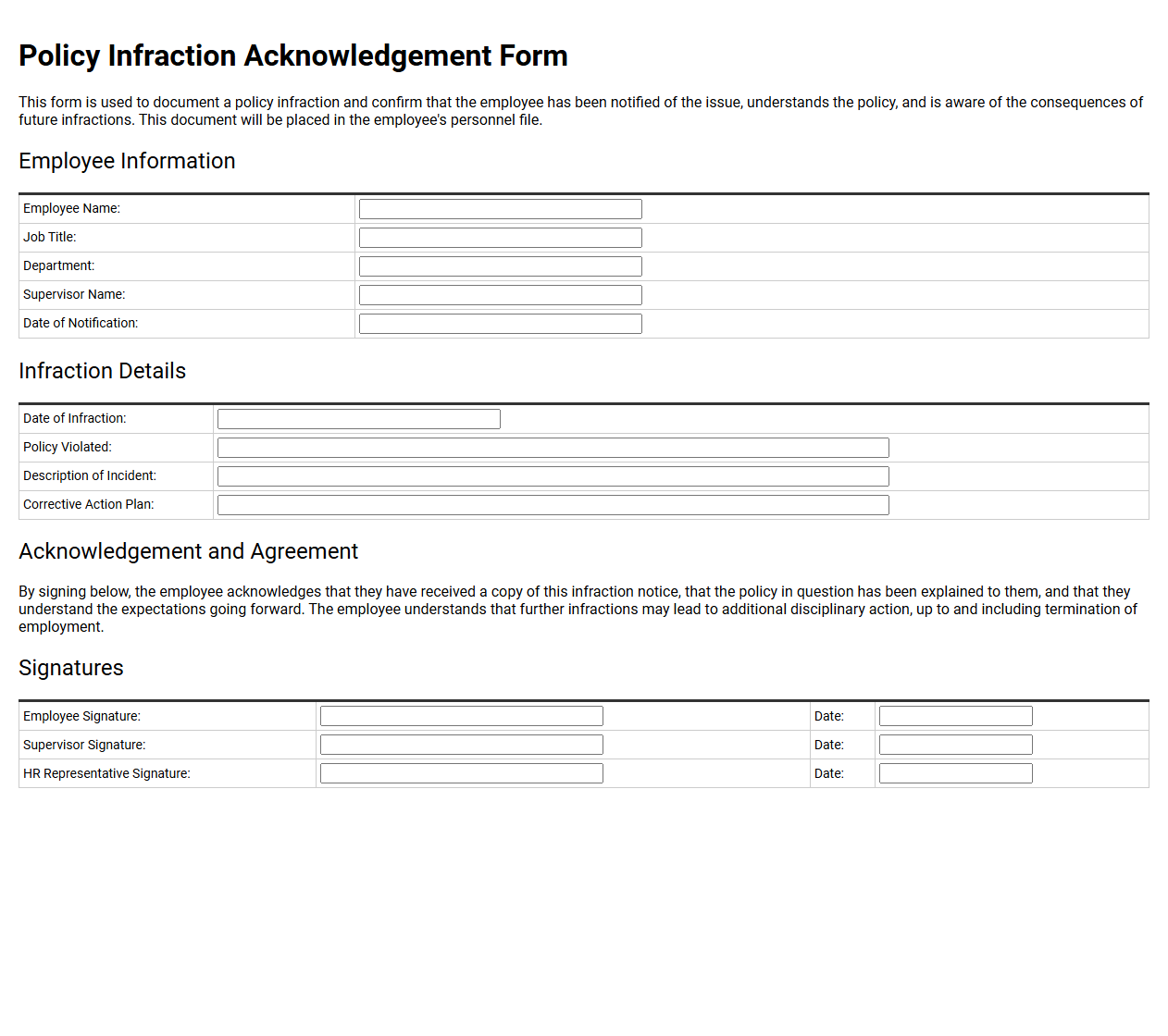 Policy Infraction Acknowledgement Form Template