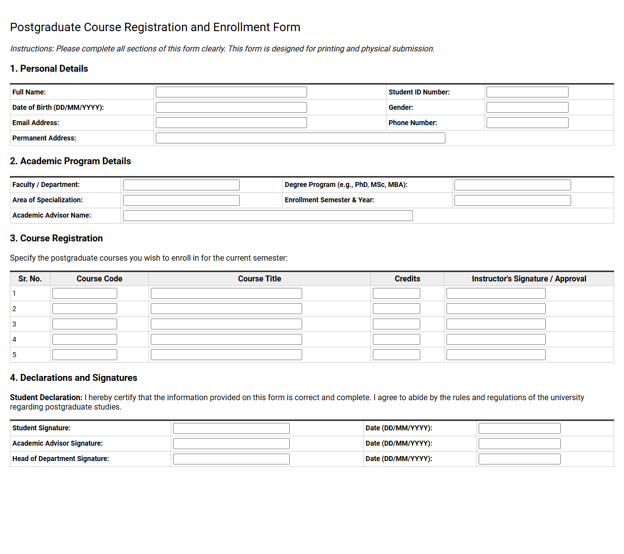 Postgraduate Course Registration and Enrollment Form