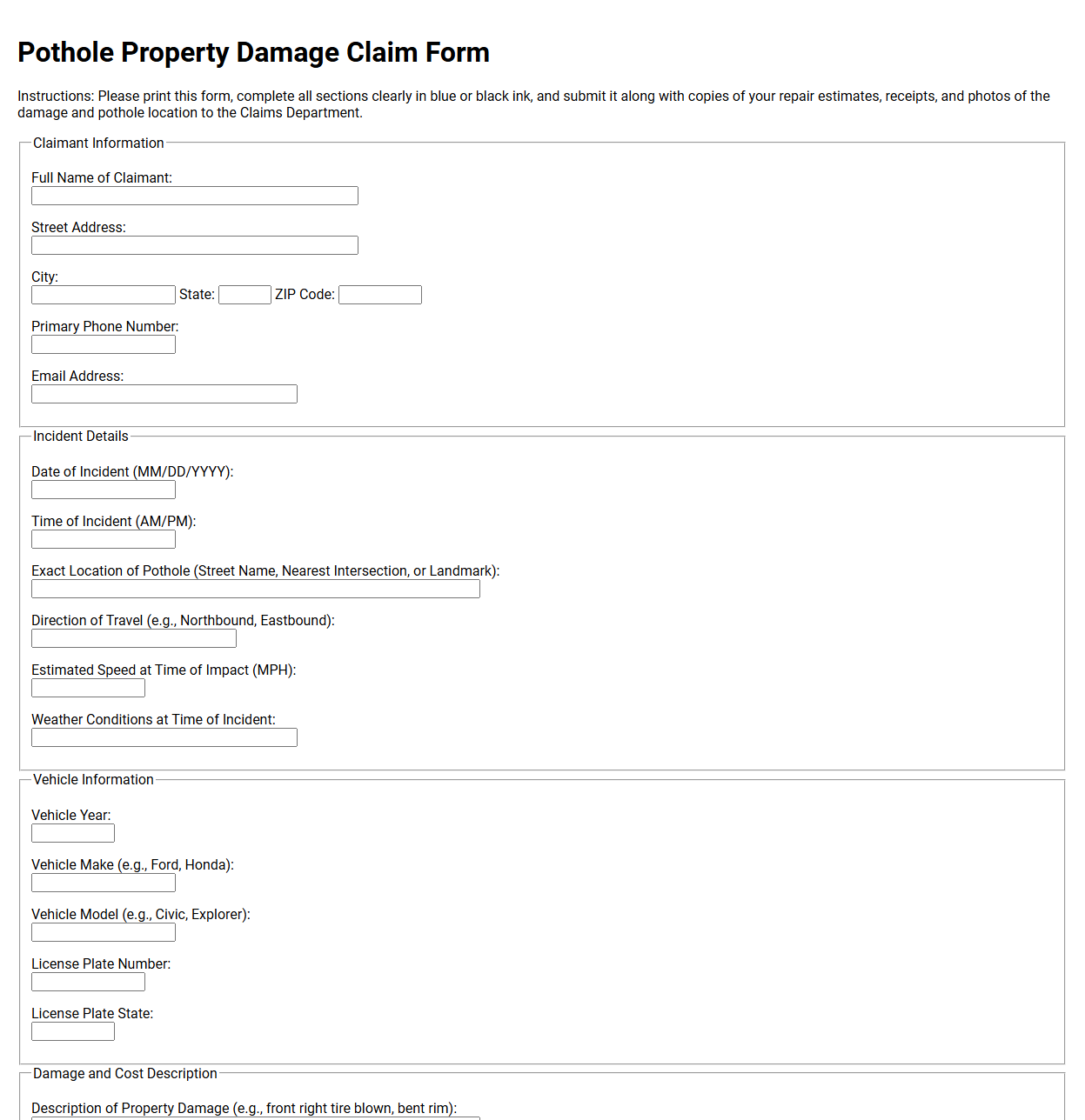 Pothole Property Damage Claim Form